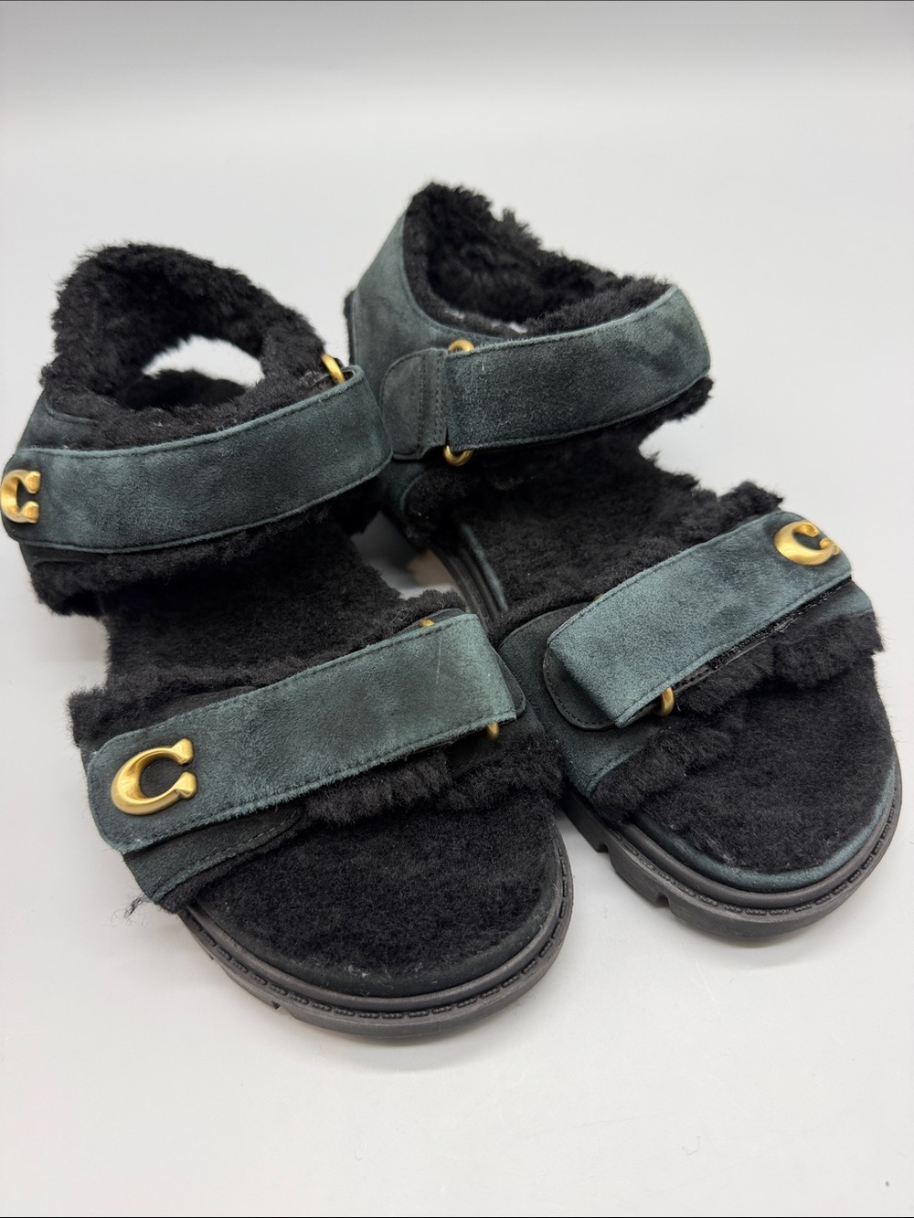 Coach Women’s Brynn Black Suede/Shearling Sandals 8.5